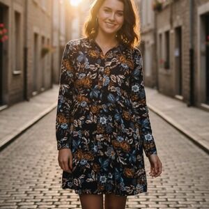 H&M $40 Size 8 Long Sleeve Dark Teal Blue Green Cream Mustard Floral Tunic Dress